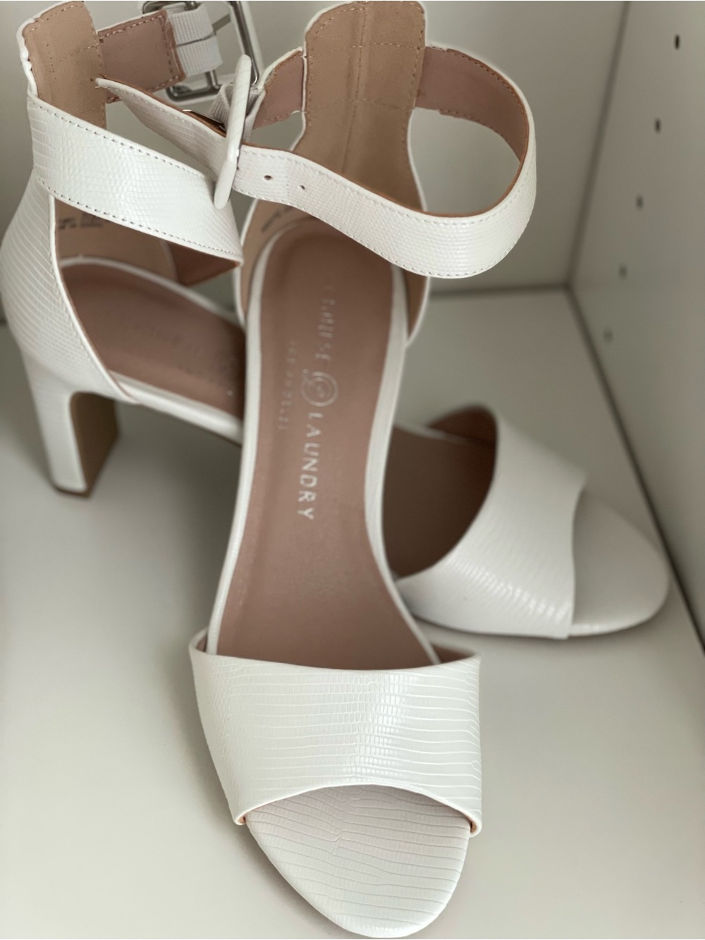 Laundry By Shelli Segal White Textured Ankle-Strap Block Heels